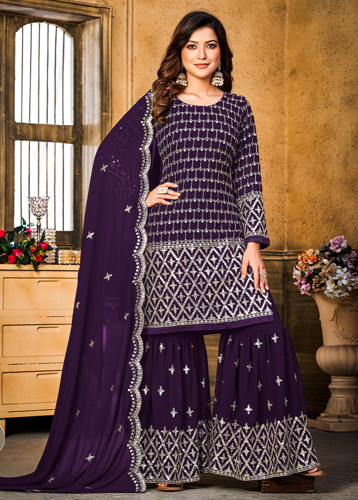 3 Pc Purple Unstitched Georgette Suit Set