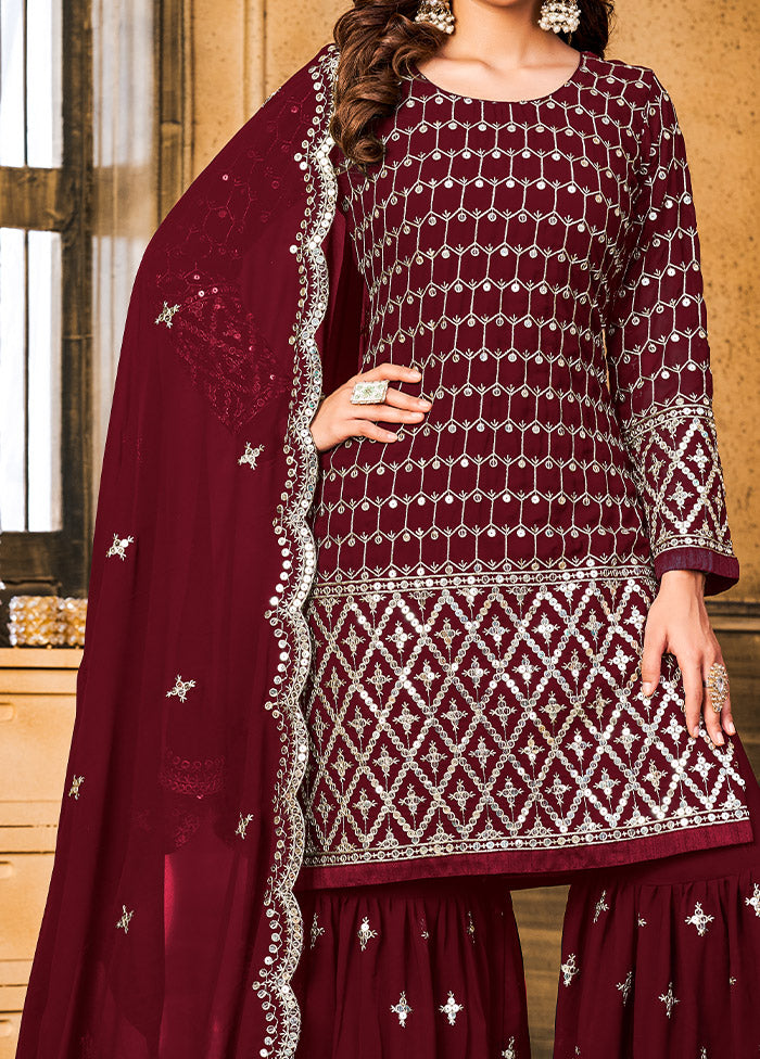 3 Pc Maroon Unstitched Georgette Suit Set