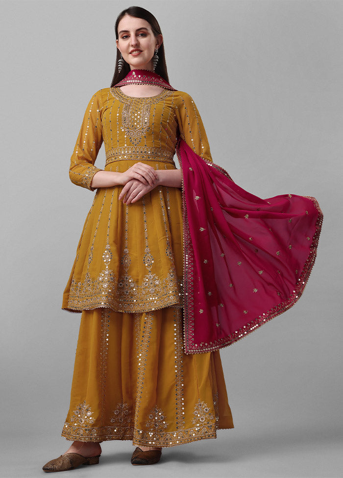 3 Pc Mustard Unstitched Georgette Suit Set