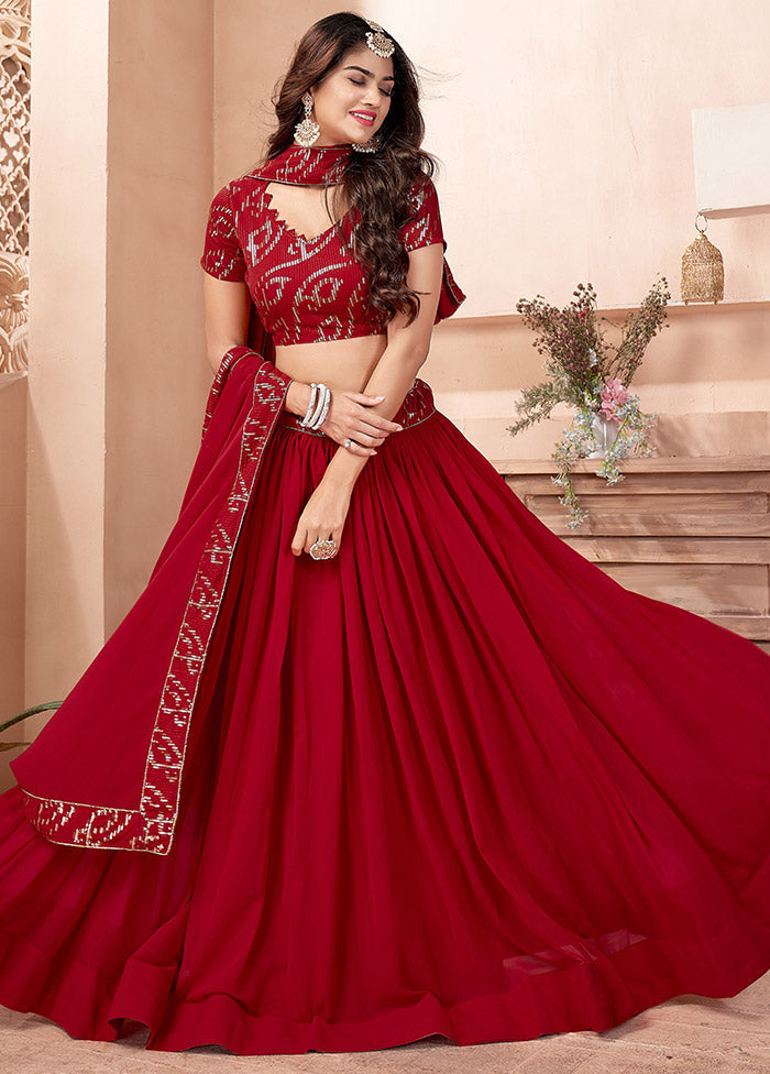 3 Pc Red Georgette Semi Stitched Lehenga Set