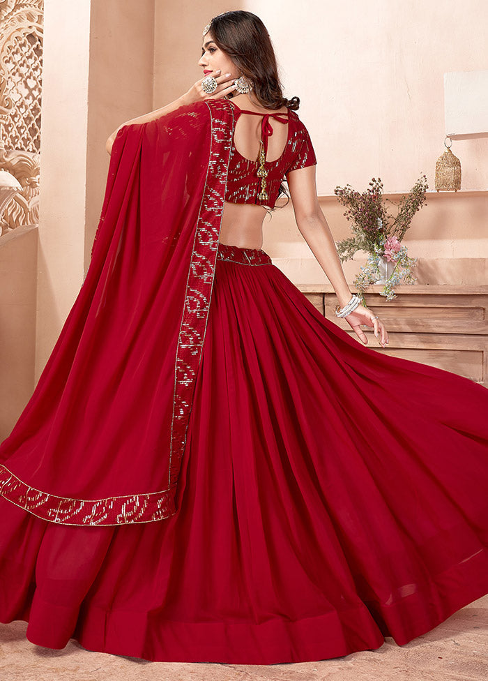 3 Pc Red Georgette Semi Stitched Lehenga Set