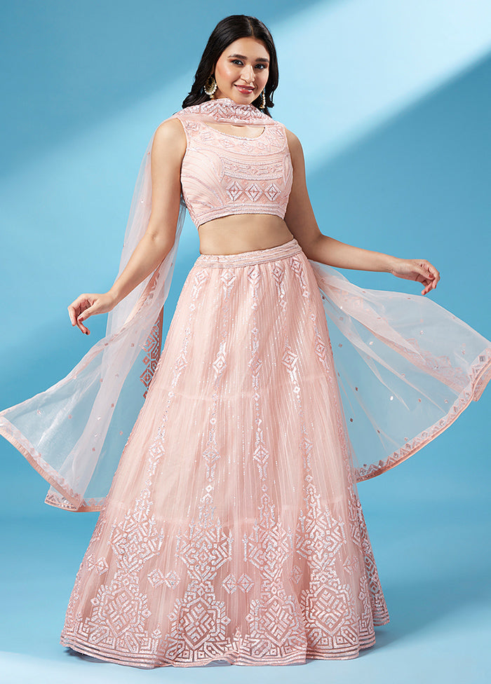 3 Pc Peach Net Semi Stitched Lehenga Set