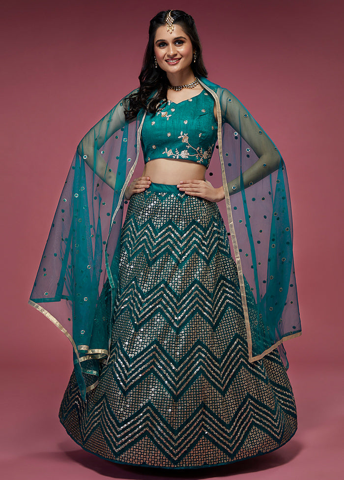 3 Pc Teal Net Semi Stitched Lehenga Set