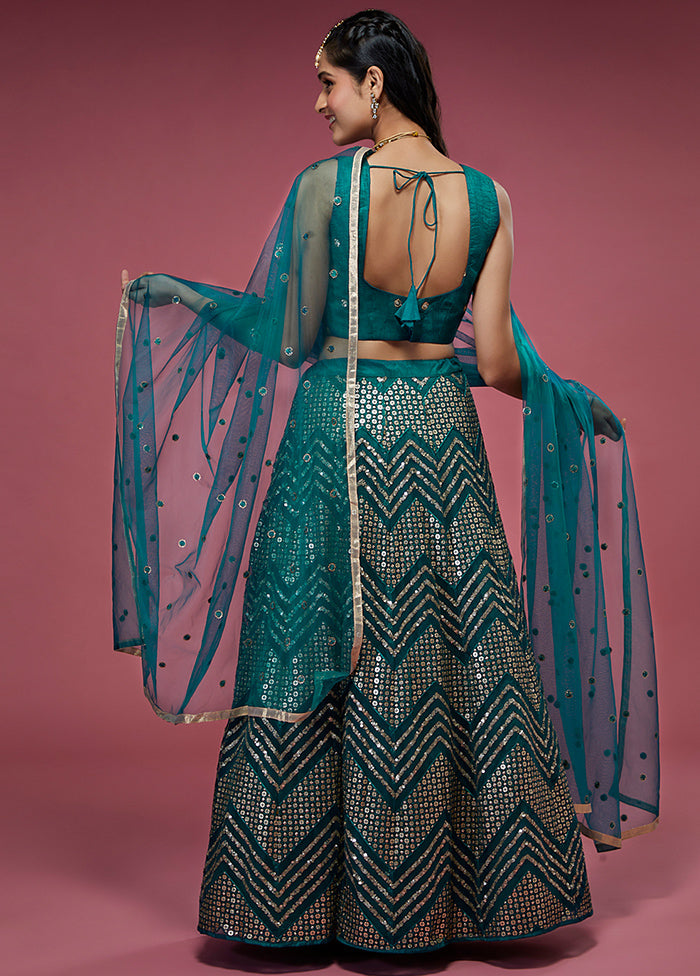 3 Pc Teal Net Semi Stitched Lehenga Set