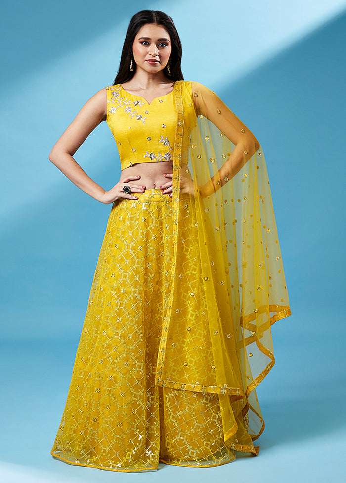 3 Pc Yellow Net Semi Stitched Lehenga Set