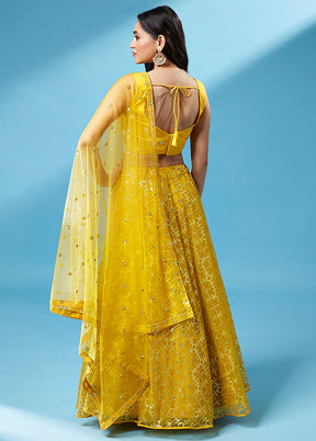 3 Pc Yellow Net Semi Stitched Lehenga Set