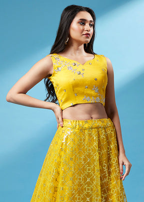 3 Pc Yellow Net Semi Stitched Lehenga Set