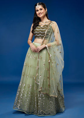 3 Pc Pista Green Net Semi Stitched Lehenga Set