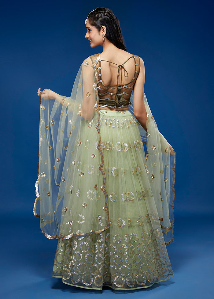 3 Pc Pista Green Net Semi Stitched Lehenga Set