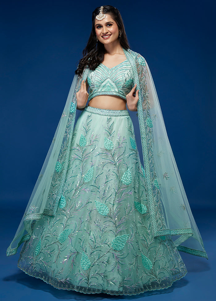 3 Pc Turquoise Net Semi Stitched Lehenga Set