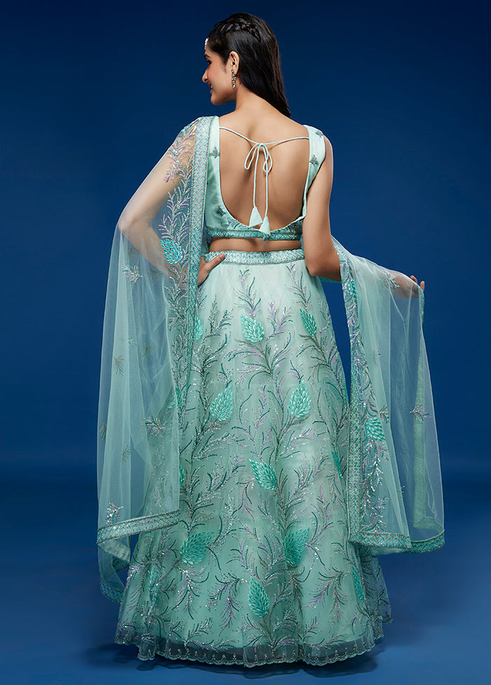 3 Pc Turquoise Net Semi Stitched Lehenga Set