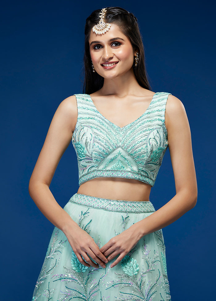 3 Pc Turquoise Net Semi Stitched Lehenga Set