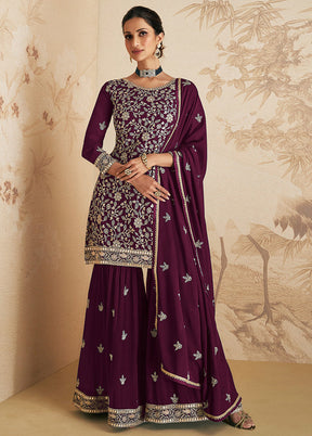 3 Pc Purple Unstitched Georgette Suit Set