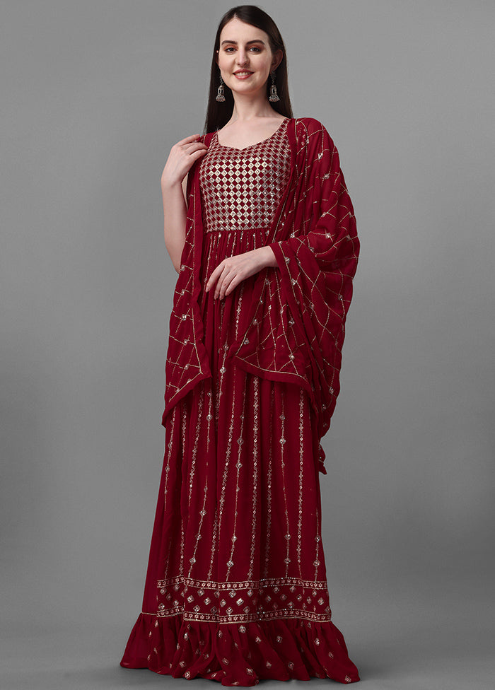 3 Pc Maroon Unstitched Georgette Suit Set