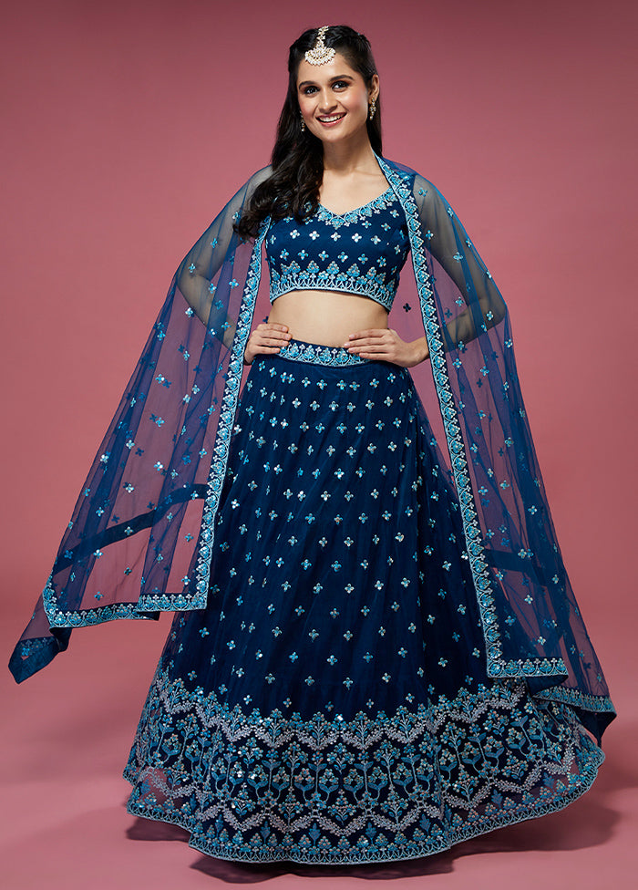 3 Pc Navy Blue Semi Stitched Net Lehenga Set