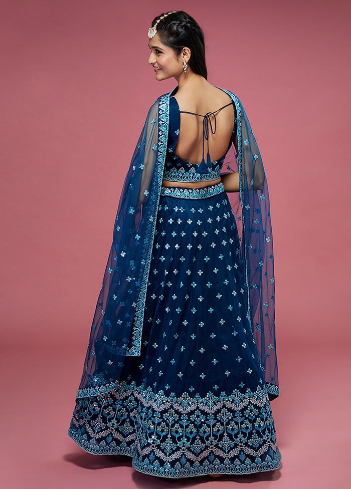 3 Pc Navy Blue Semi Stitched Net Lehenga Set