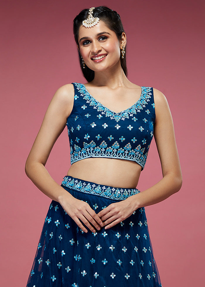 3 Pc Navy Blue Semi Stitched Net Lehenga Set