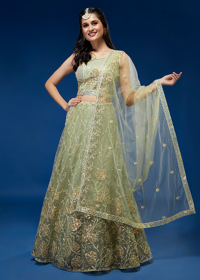 3 Pc Pista Green Semi Stitched Lehenga Set