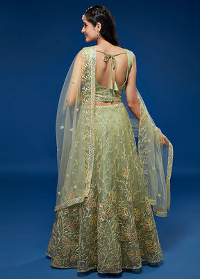 3 Pc Pista Green Semi Stitched Lehenga Set