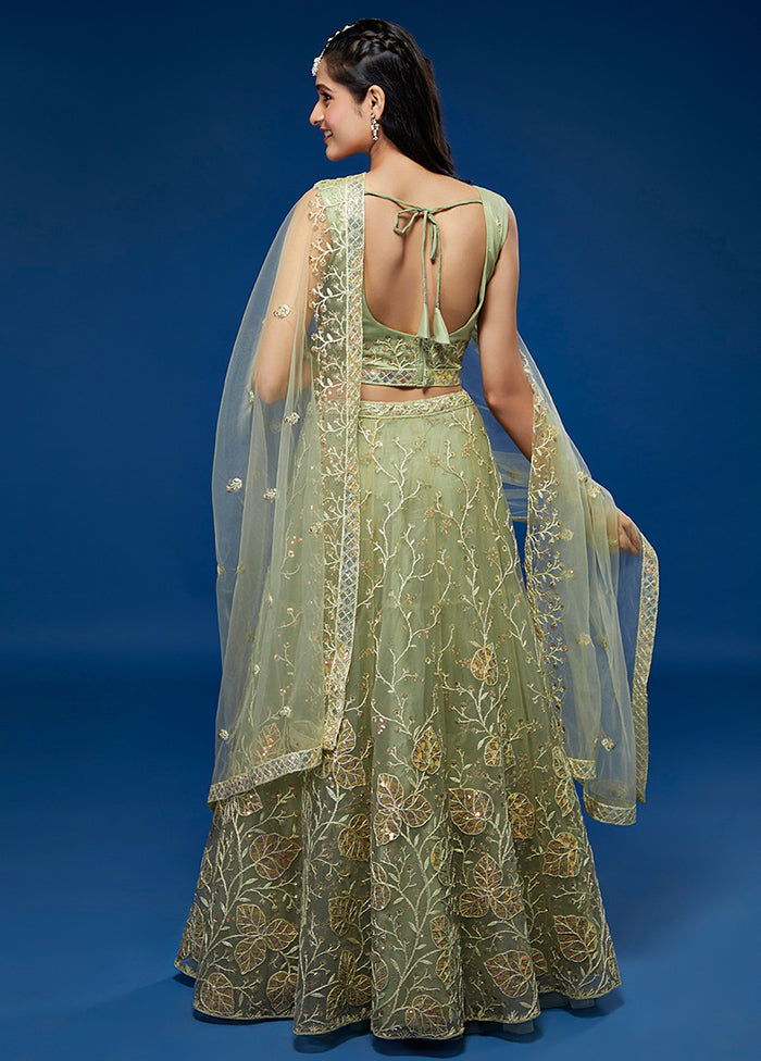 3 Pc Pista Green Semi Stitched Lehenga Set