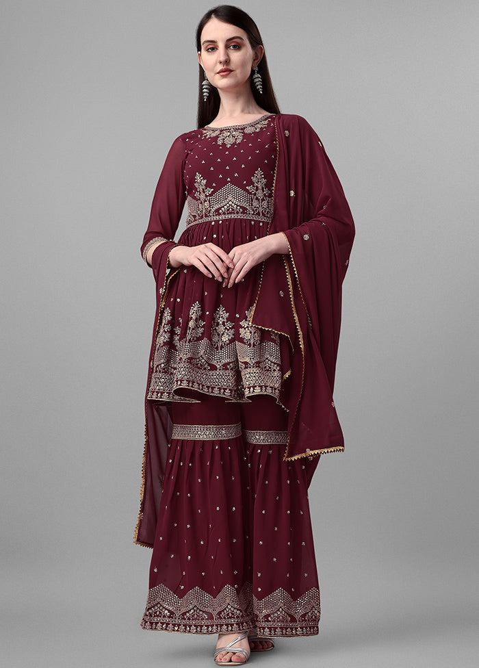 3 Pc Maroon Semi Stitched Georgette Suit Set