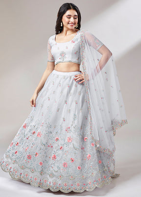 3 Pc Grey Net Semi Stitched Lehenga Set