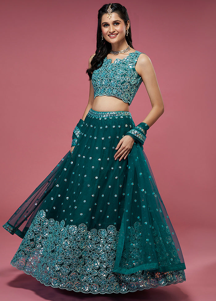 3 Pc Teal Net Semi Stitched Lehenga Set