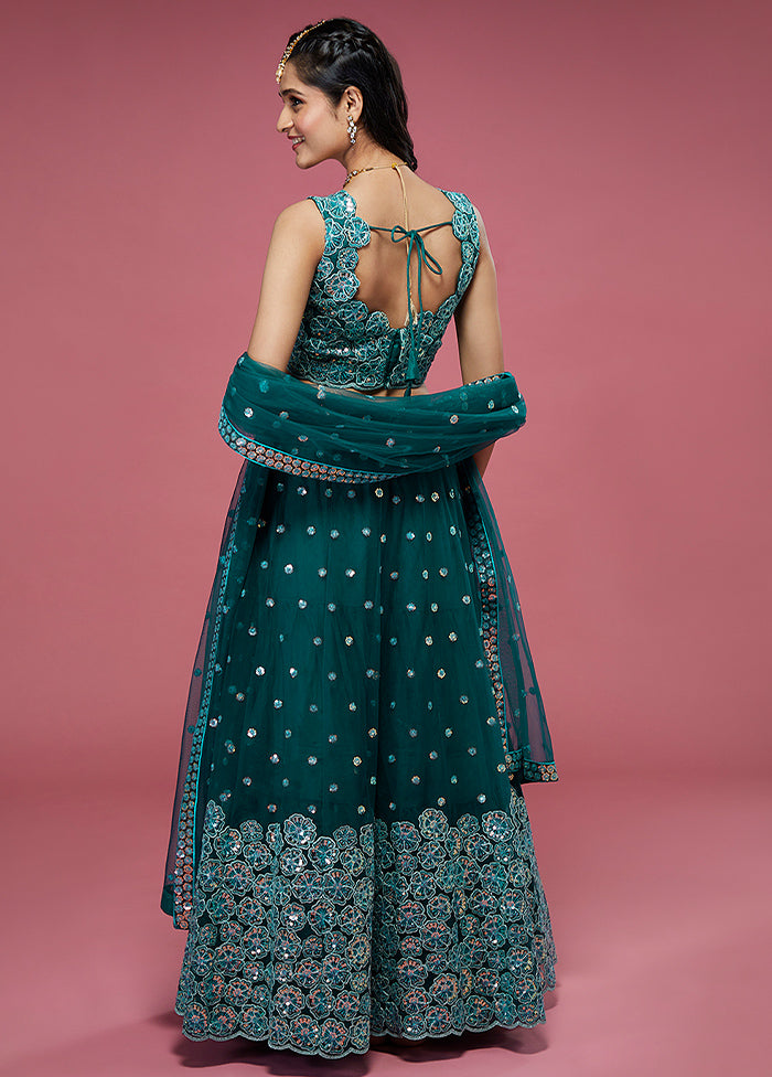 3 Pc Teal Net Semi Stitched Lehenga Set