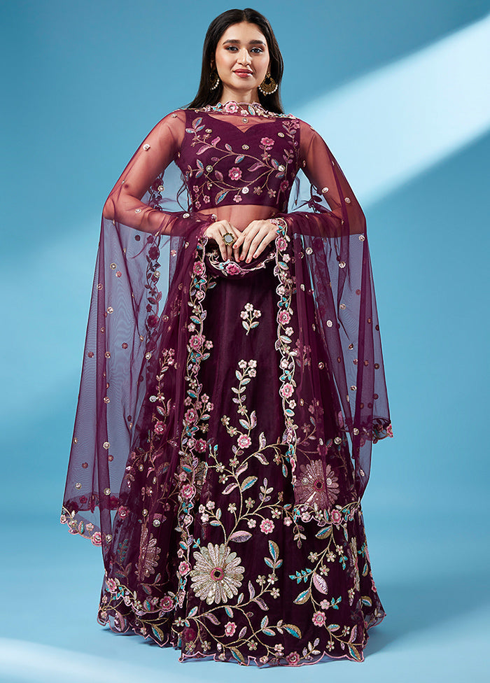 3 Pc Burgundy Net Semi Stitched Lehenga Set