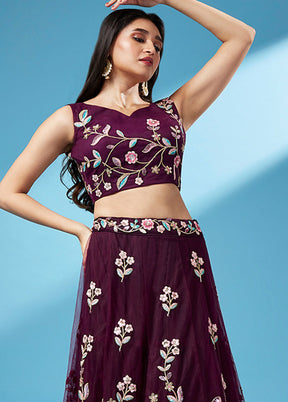 3 Pc Burgundy Net Semi Stitched Lehenga Set