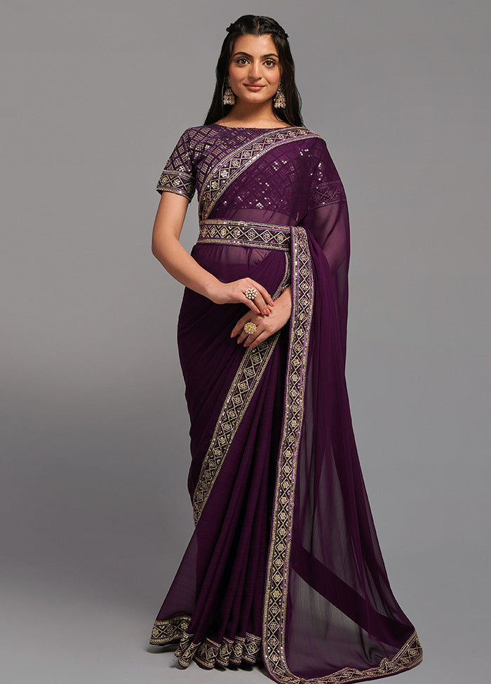 Wine Chiffon Silk Saree With Blouse Piece