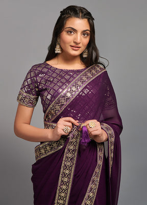 Wine Chiffon Silk Saree With Blouse Piece