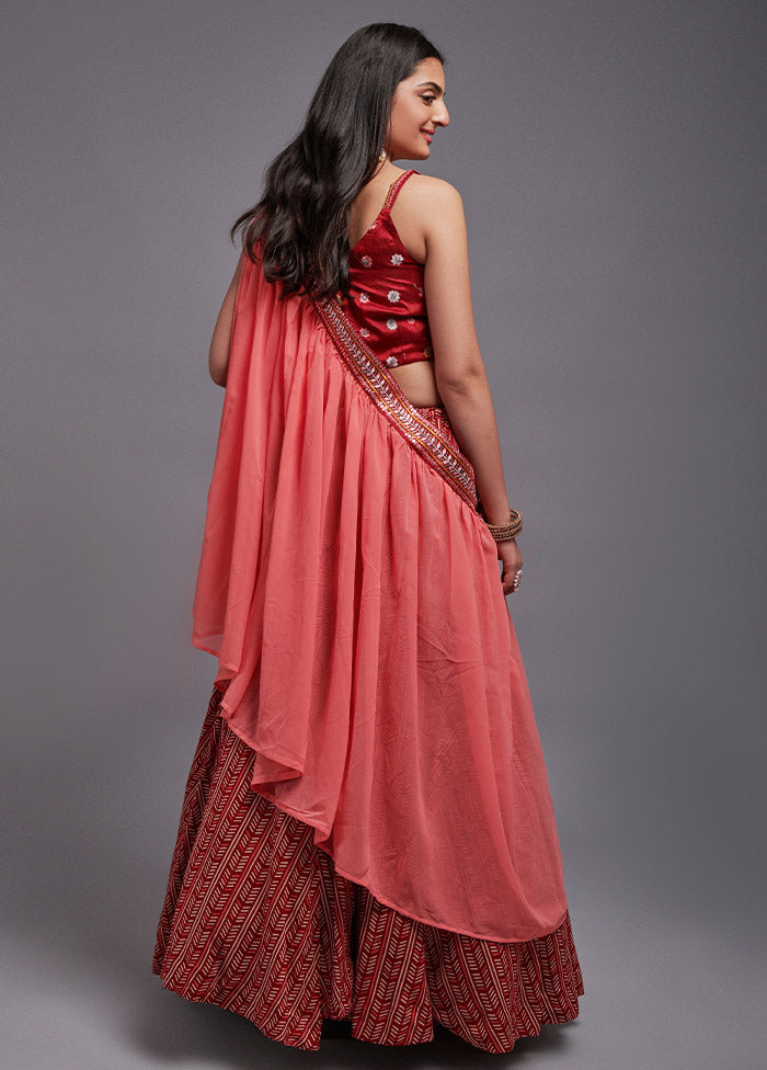 3 Pc Red Viscose Semi Stitched Lehenga Set