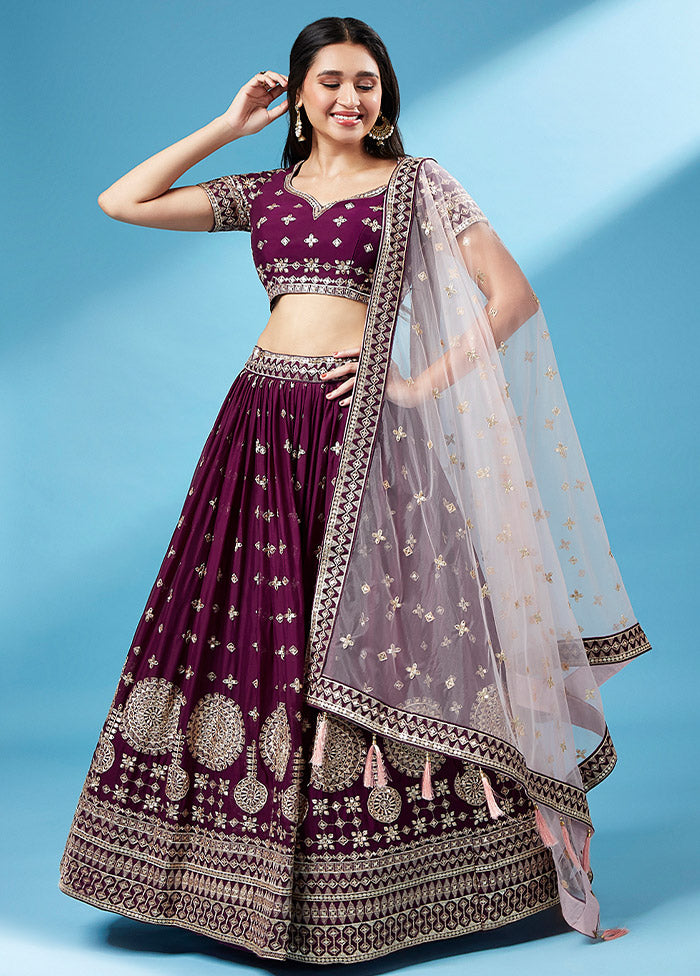 3 Pc Burgundy Georgette Semi Stitched Lehenga Set