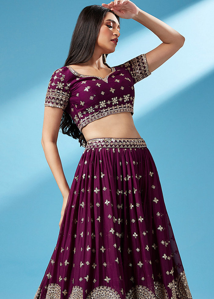 3 Pc Burgundy Georgette Semi Stitched Lehenga Set