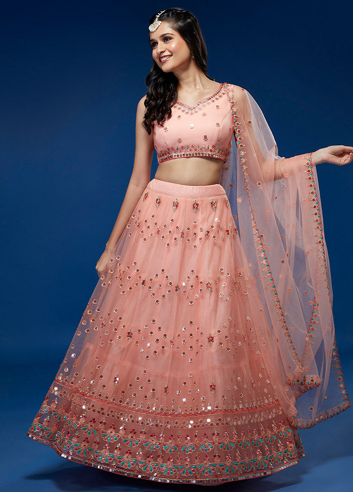 3 Pc Peach Net Semi Stitched Lehenga Set