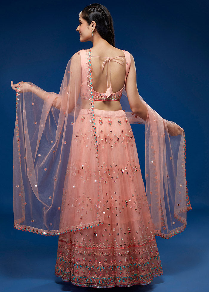 3 Pc Peach Net Semi Stitched Lehenga Set