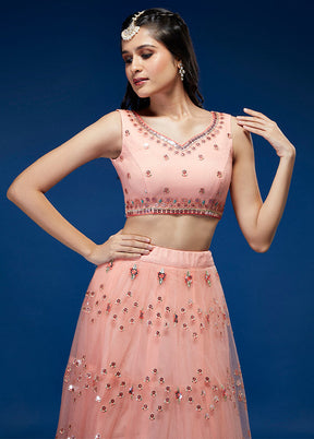 3 Pc Peach Net Semi Stitched Lehenga Set