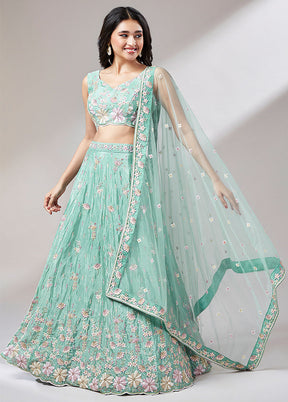 3 Pc Sea Green Net Semi Stitched Lehenga Set