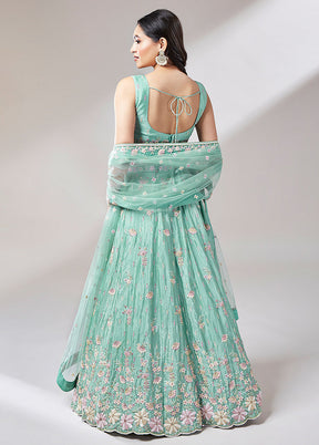 3 Pc Sea Green Net Semi Stitched Lehenga Set