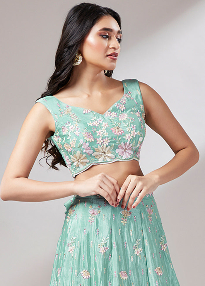 3 Pc Sea Green Net Semi Stitched Lehenga Set