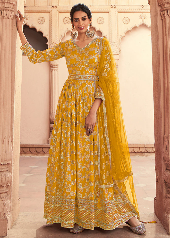 3 Pc Yellow Semi Stitched Silk Suit Set