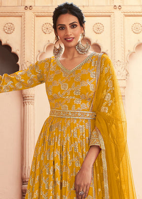 3 Pc Yellow Semi Stitched Silk Suit Set