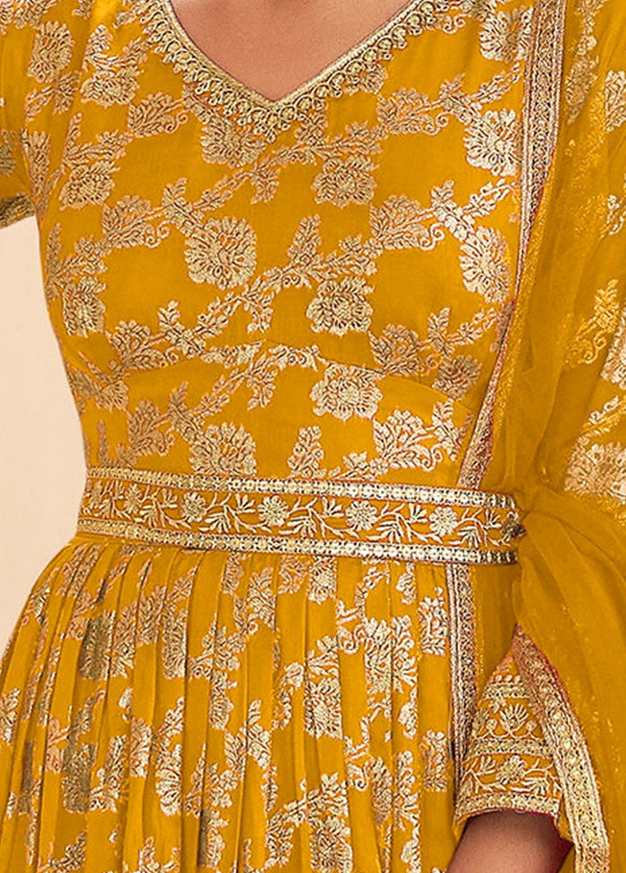 3 Pc Yellow Semi Stitched Silk Suit Set