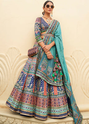 3 Pc Blue Silk Semi Stitched Lehenga Set