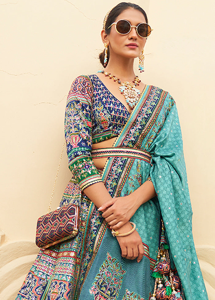 3 Pc Blue Silk Semi Stitched Lehenga Set