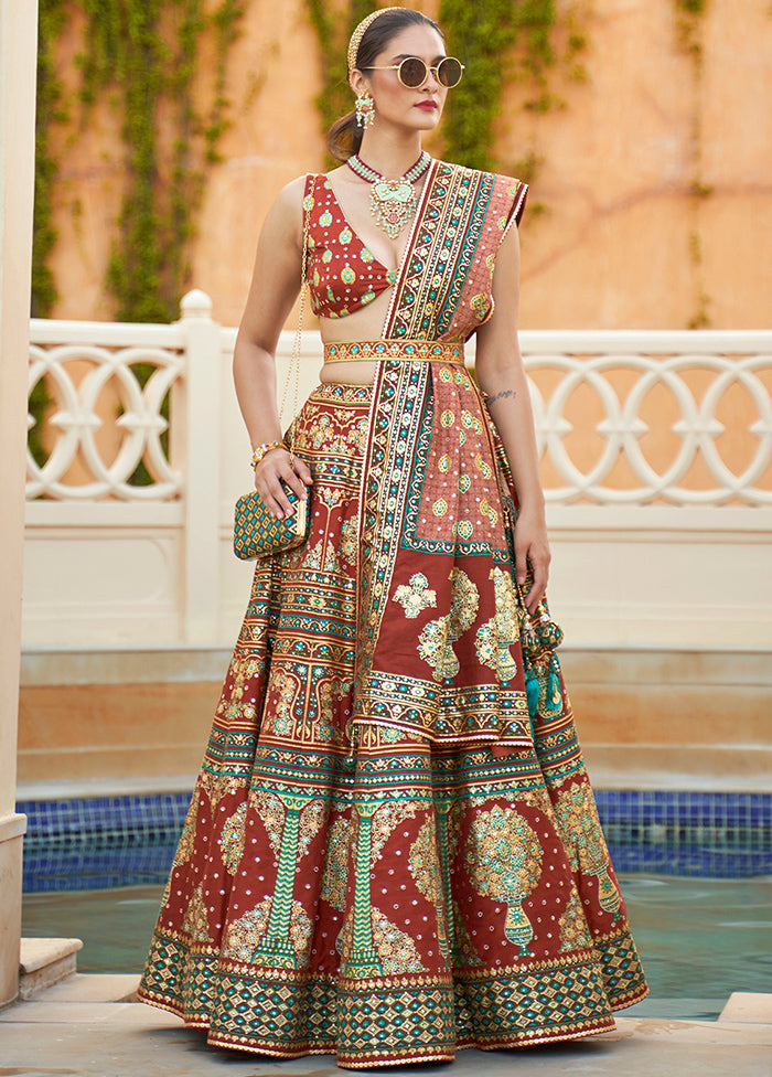 3 Pc Brown Silk Semi Stitched Lehenga Set