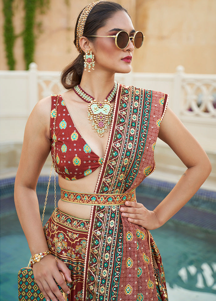 3 Pc Brown Silk Semi Stitched Lehenga Set