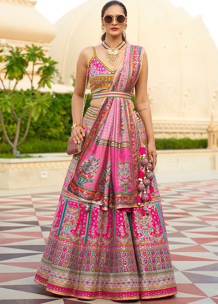 3 Pc Pink Silk Semi Stitched Lehenga Set