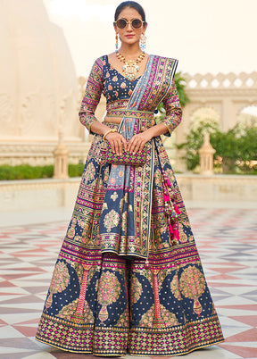 3 Pc Blue Silk Semi Stitched Lehenga Set